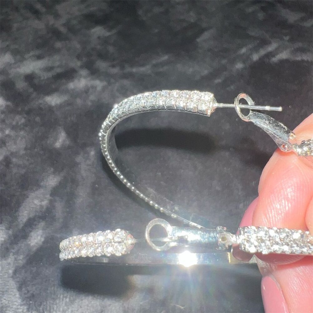 Round Cut Crystal Hoop Earrings Secure Clasp - Picture 3 of 6